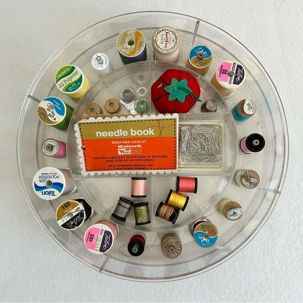 Vintage Round Sewing Thread Box Caddy w Accessories Large 60's Clear Plastic MCM